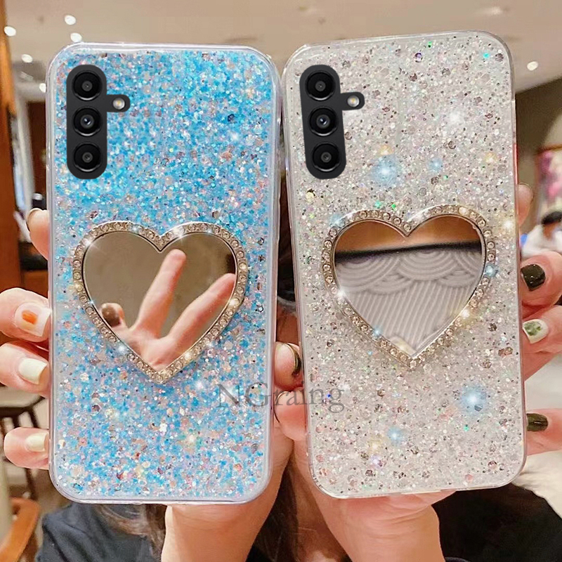Telefoon Geval Voor Samsung Galaxy A54 A34 5G SamsungA34 Glanzende Diamant Zilver Perzik Hart Make-Up Spiegel Silicagel Soft cover_voghion.com