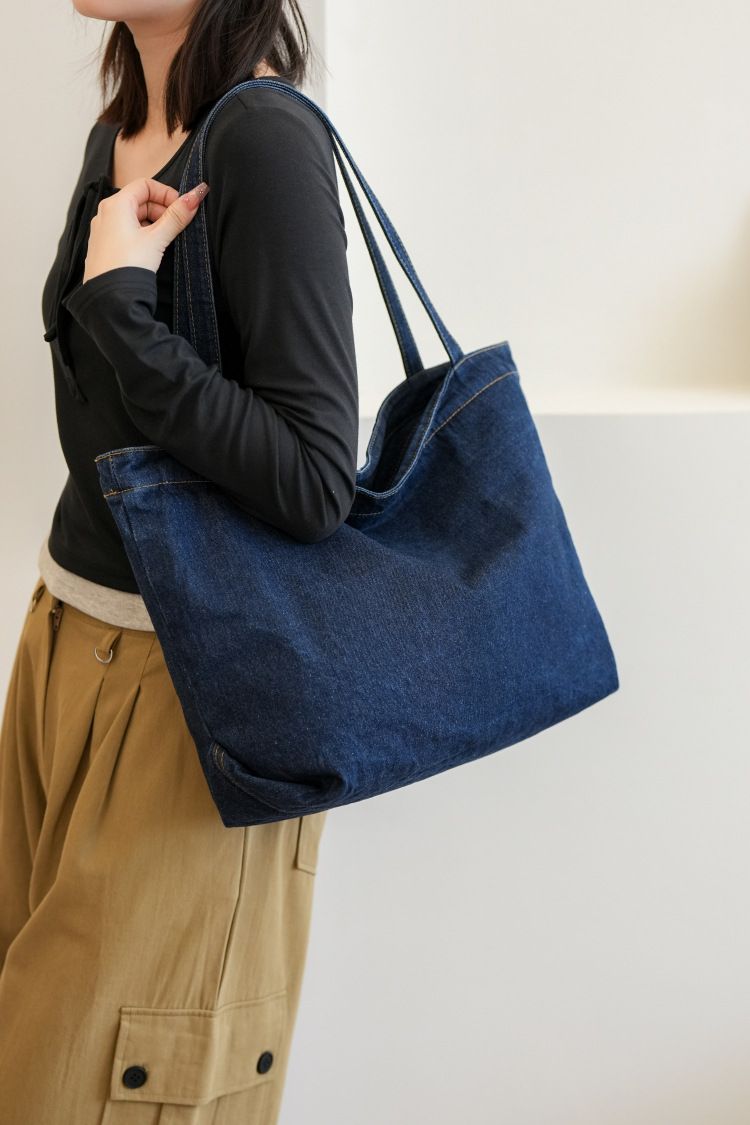 Denim Bag Women's Shoulder Bag Large Capacity Solid Color Washed Denim Bag Student Commuter Shoulder Bag Female Art Casual Handbag_voghion.com