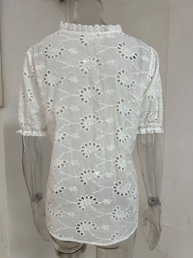 Bestickte Kurzarmbluse für den Sommer für Damen – Freizeithemd mit Blumenmuster und Schnürung, lockere Passform, atmungsaktive Polyestermischung, bequem und stilvoll_voghion.com