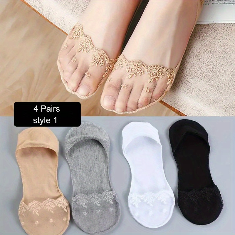 4 Pairs Summer Women Invisible Socks Cotton Shallow Mouth Socks Lace Boat Socks ,Women's Stockings & Hosiery_voghion.com