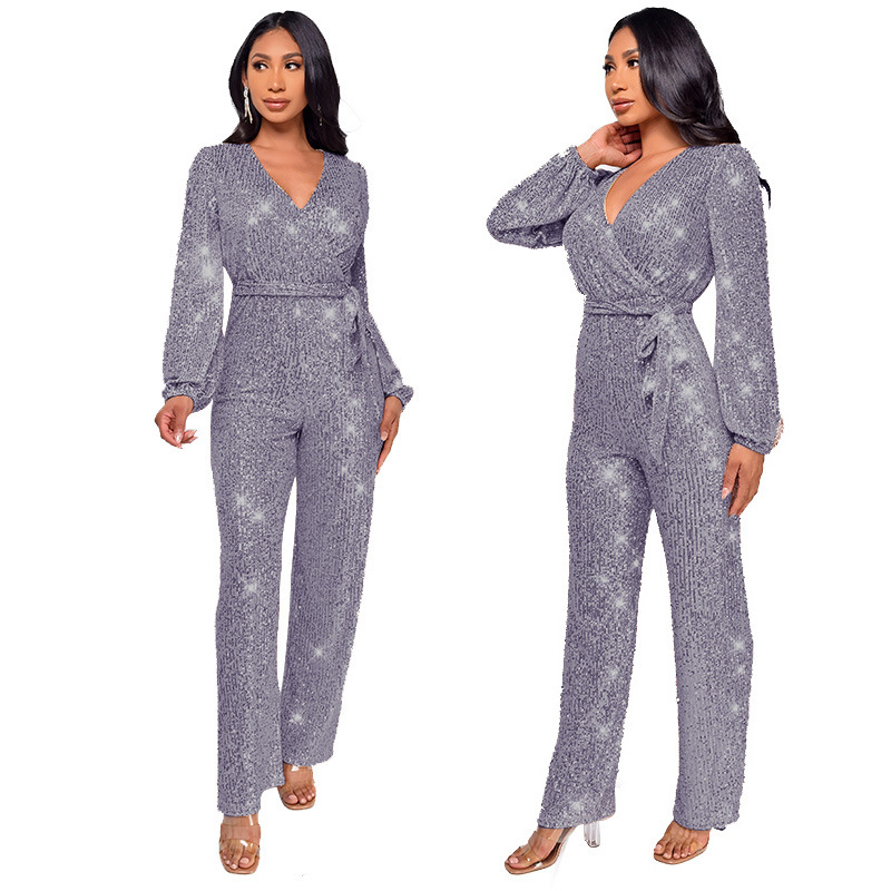 Damkläder Ins Style Deep V Mode Casual Jumpsuit Långärmat Bälte Paljett Jumpsuit Dam_voghion.com