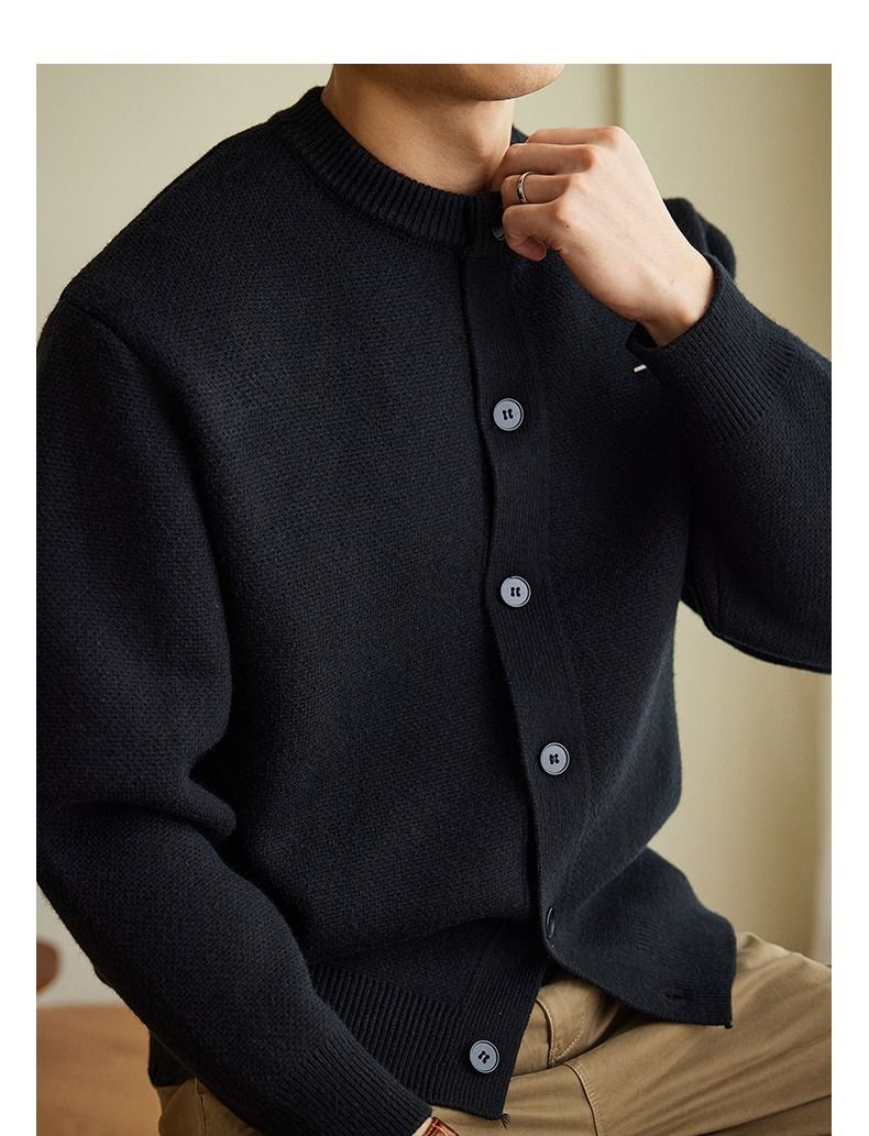 Herren-Strickjacke mit Baseballkragen – Übergroßer Freizeitpullover mit Zopfmuster (Schwarz, Grau, Khaki) – Streetwear-Essential für Herbst & Winter_voghion.com