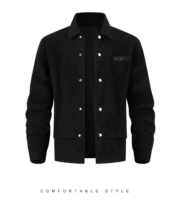 Men’s British-Style Corduroy Jacket – Stand Collar, Polyester Blend, Single-Breasted Casual Coat With Button Accents (Grey/Black/Khaki, XS-XXL)_voghion.com