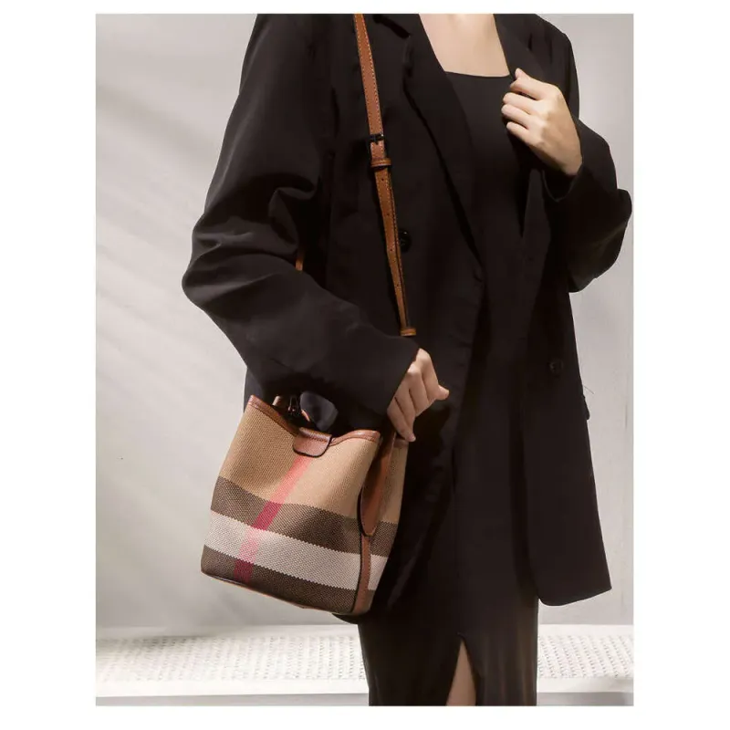 Plaid For Women High-End Versatile Mini Mother-Daughter Canvas Bucket Handbag Shoulder Crossbody Bag_voghion.com