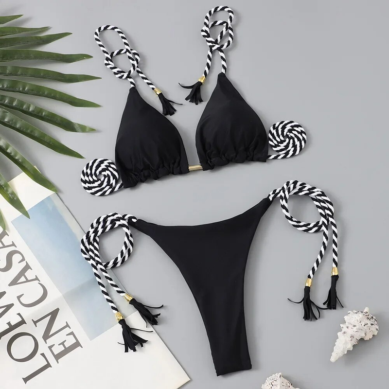 Swimwear Patchwork Thong Bikini Set Swimsuits Sexy Bikinis Triangle Bandage Female Clothing Beachwear Beach Vacation_voghion.com