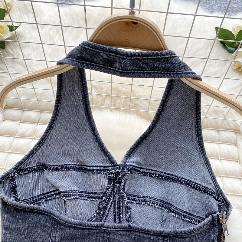 Dametøj Dopamin Cool Style Denim Suit Til Kvinder Om Sommeren Retro Design Halter Neck Camisole + Højtaljet Nederdel_voghion.com