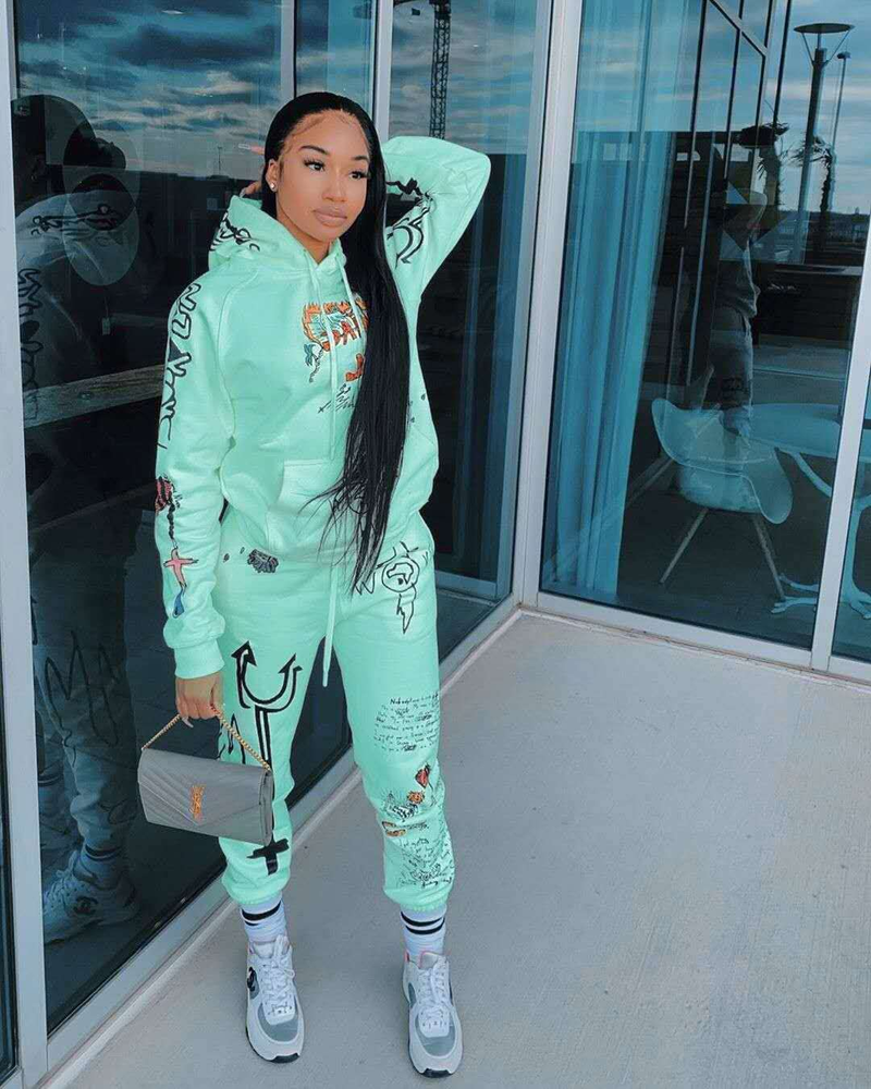 Women's letter printing casual two-piece sweatshirt suit_voghion.com