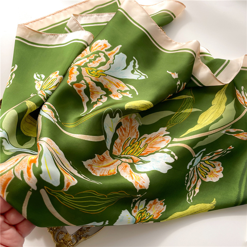 Frühlingsausflug kleiner Seidenschal 70 cm quadratischer Schal, vielseitiger Pflanzen- und Blumenschal, dekoratives Sonnenschutz-Stirnband,_voghion.com