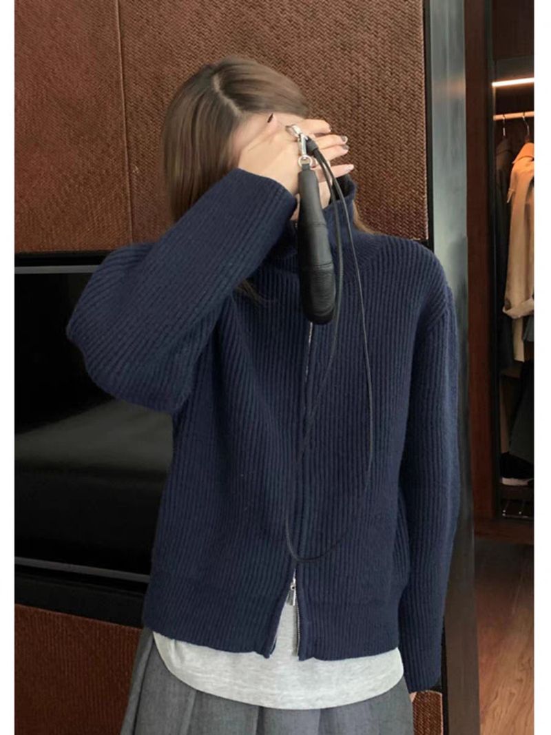 Cardigan lavorato a maglia con collo alto e doppia cerniera retrò coreano 2023 per donna, stile pigro autunnale e invernale, senso del design, casual_voghion.com