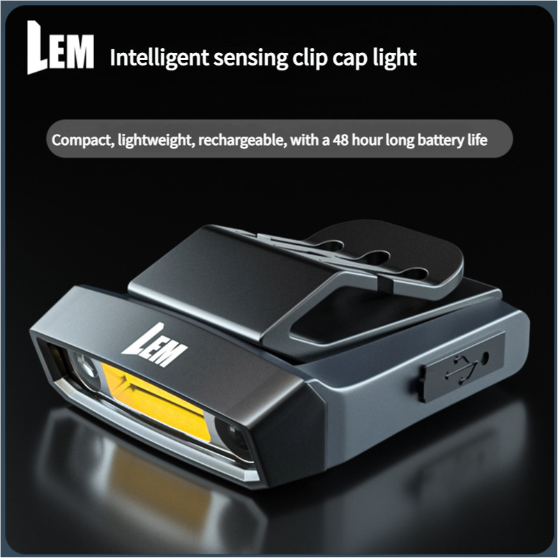 Lampada frontale LEM con sensore speciale, clip potente, ultra luminosa, ricaricabile, con clip montata sulla testa, batteria a lunga durata, notturna_voghion.com