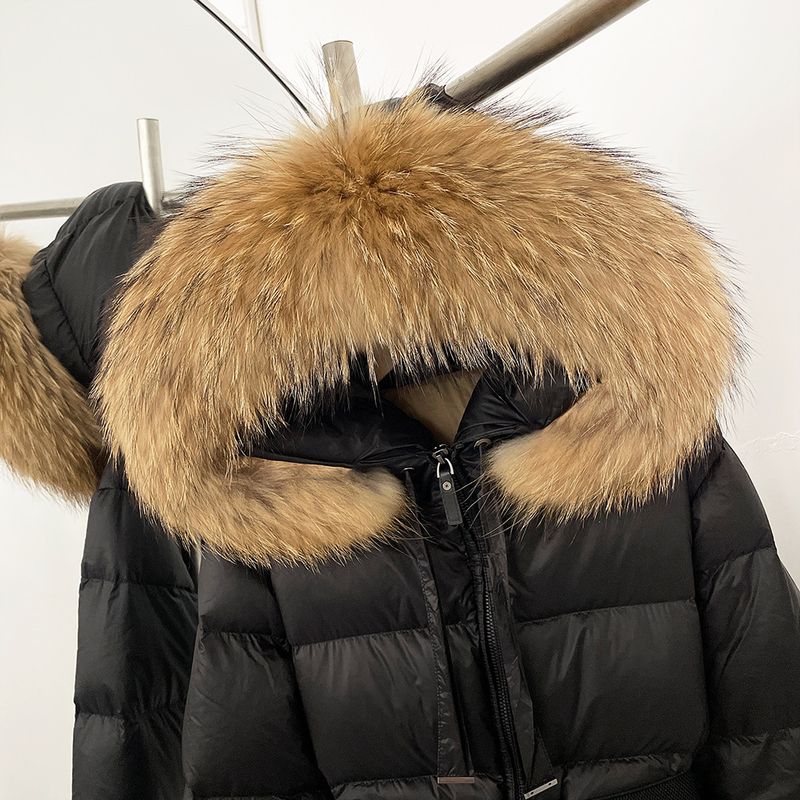 Cappotto lungo da donna con cappuccio e bordo in pelliccia staccabile, 90% piumino d'anatra bianca, caldo soprabito invernale per donna_voghion.com