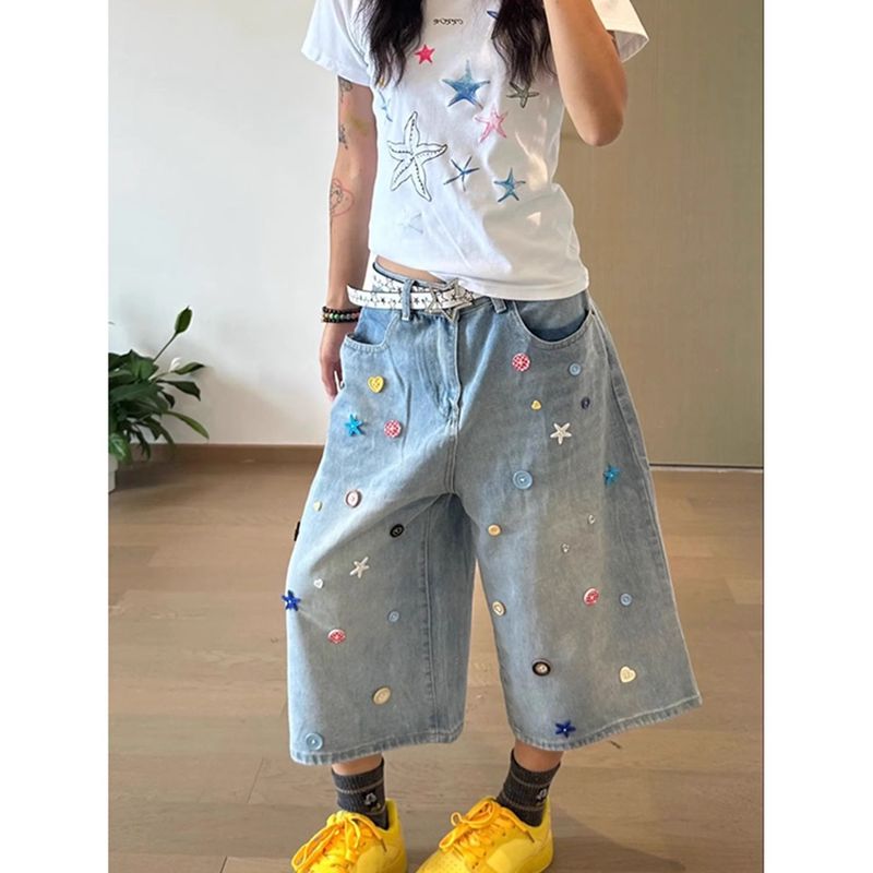 Jeans corti con bottoni colorati Dopamine in stile americano per donna, pantaloncini estivi dritti a gamba larga_voghion.com