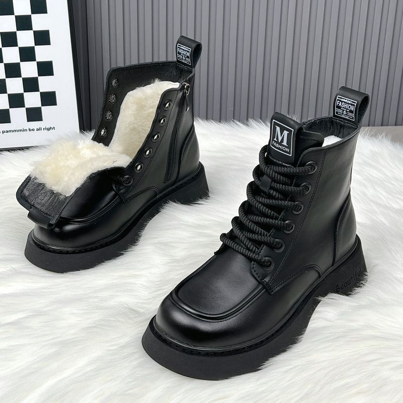Stivali da neve in lana con pelliccia integrata, stivali bassi popolari, stivali Martin da donna, scarpe invernali calde con suola spessa e antiscivolo in cotone_voghion.com