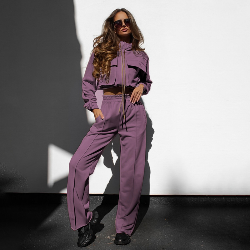 Women's solid color zipper double bag drawstring long sleeve shirt fashion casual long pantsuit_voghion.com