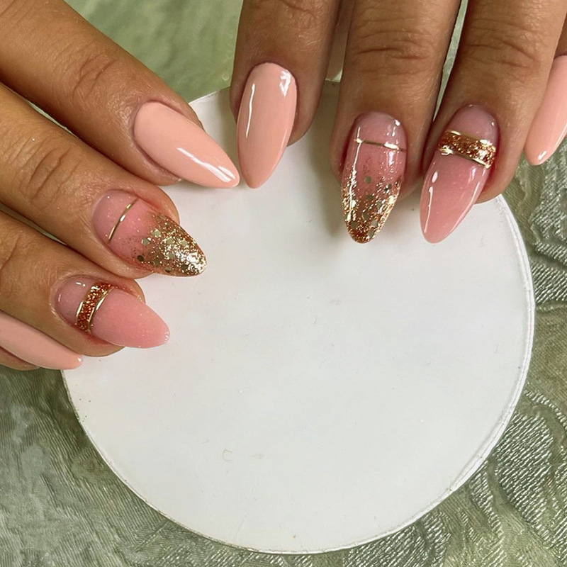 Mandlové 24 ks Jednoduchá sada Na nehty Gradientní lesklý pudr False Nail Nail Wearable kulaté full cover tipy dokončené presovací olej_voghion.com
