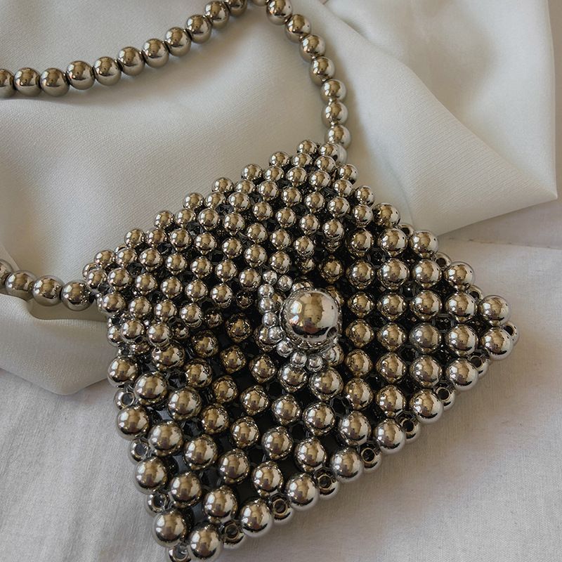 Sac bandoulière haut de gamme pour femme, argenté métallisé, perlé, simple épaule, mini, mignon, accessoire de mode d'été, petit, tendance_voghion.com