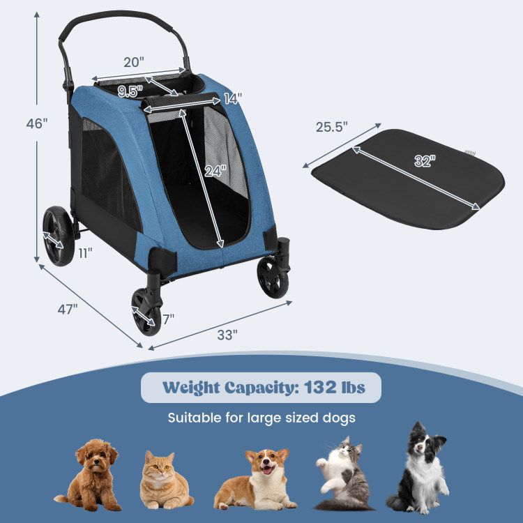 4 Wheels Extra Large Dog Stroller Foldable Pet Stroller with Dual Entry_voghion.com