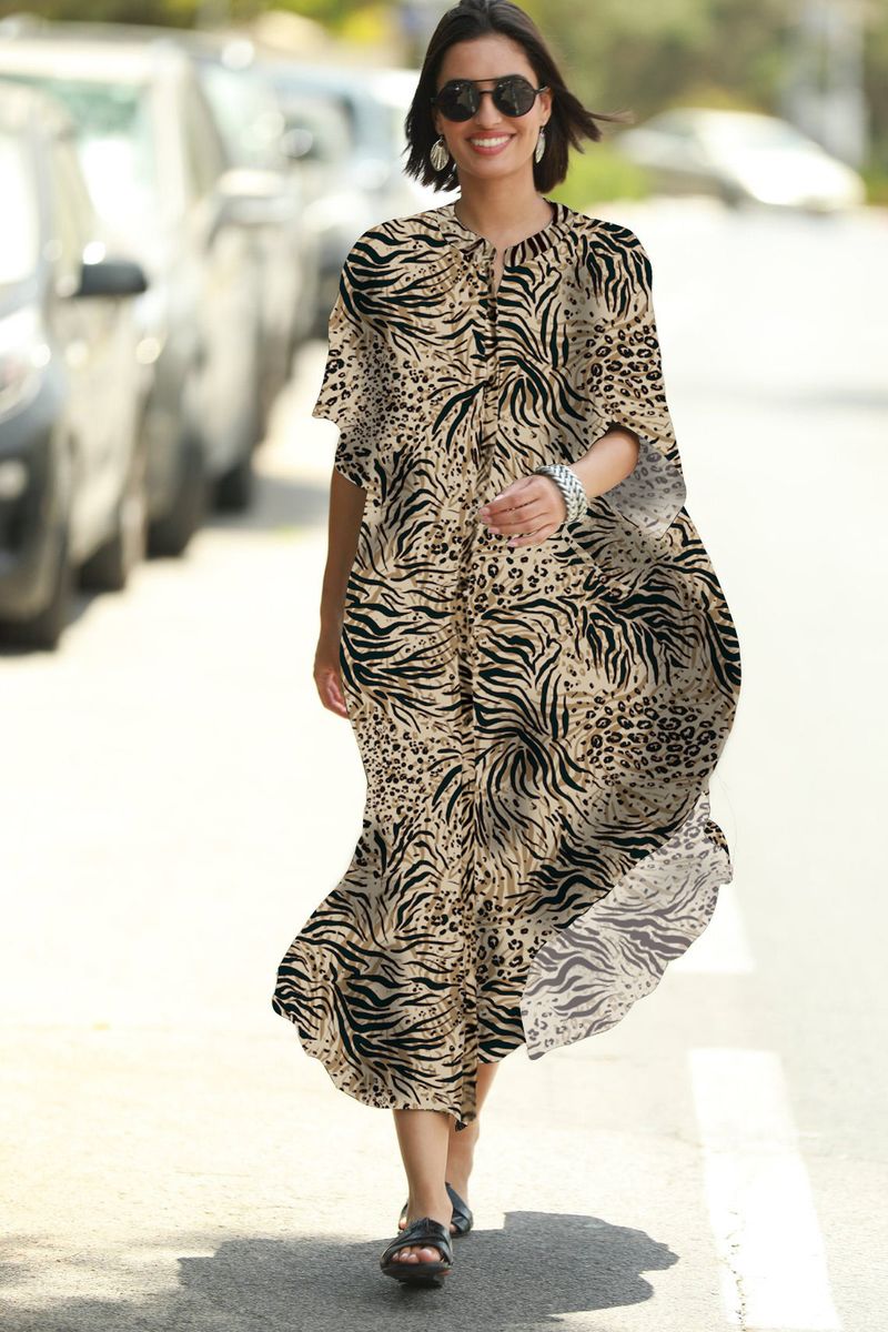 Vestido largo con estampado de leopardo para mujer, túnica playera, protección solar, traje de baño envolvente_voghion.com