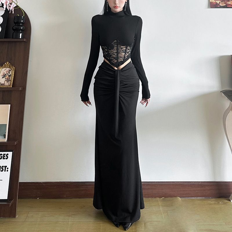 Wind 2024 Herbst Neue Damen Hoher Kragen Spitze Hohl Top Slim Fit Hüfte Wrapping Halbkörper Langes Kleid_voghion.com