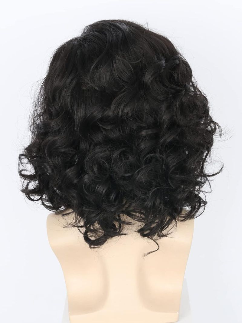 Peluca sintética con clip para hombre, nueva, negra, esponjosa, corta, rizada, con flequillo lateral y fibra química._voghion.com