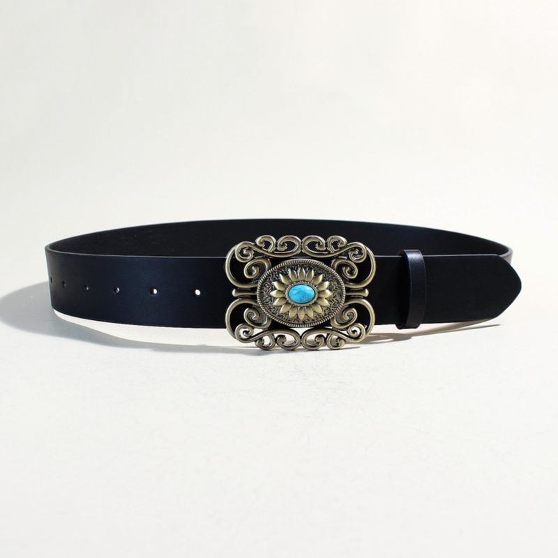 Wide Leather Belt For Women Retro Palace Style Sapphire Inlaid Oval Western Buckle Ladies Black Pants Belt_voghion.com