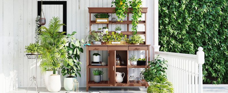 66" Large Outdoor Farmhouse Wooden Potting Bench Table, Garden Workstation With 2 Drawers, Cabinet And Open Shelves For Backyard, Mudroom_voghion.com
