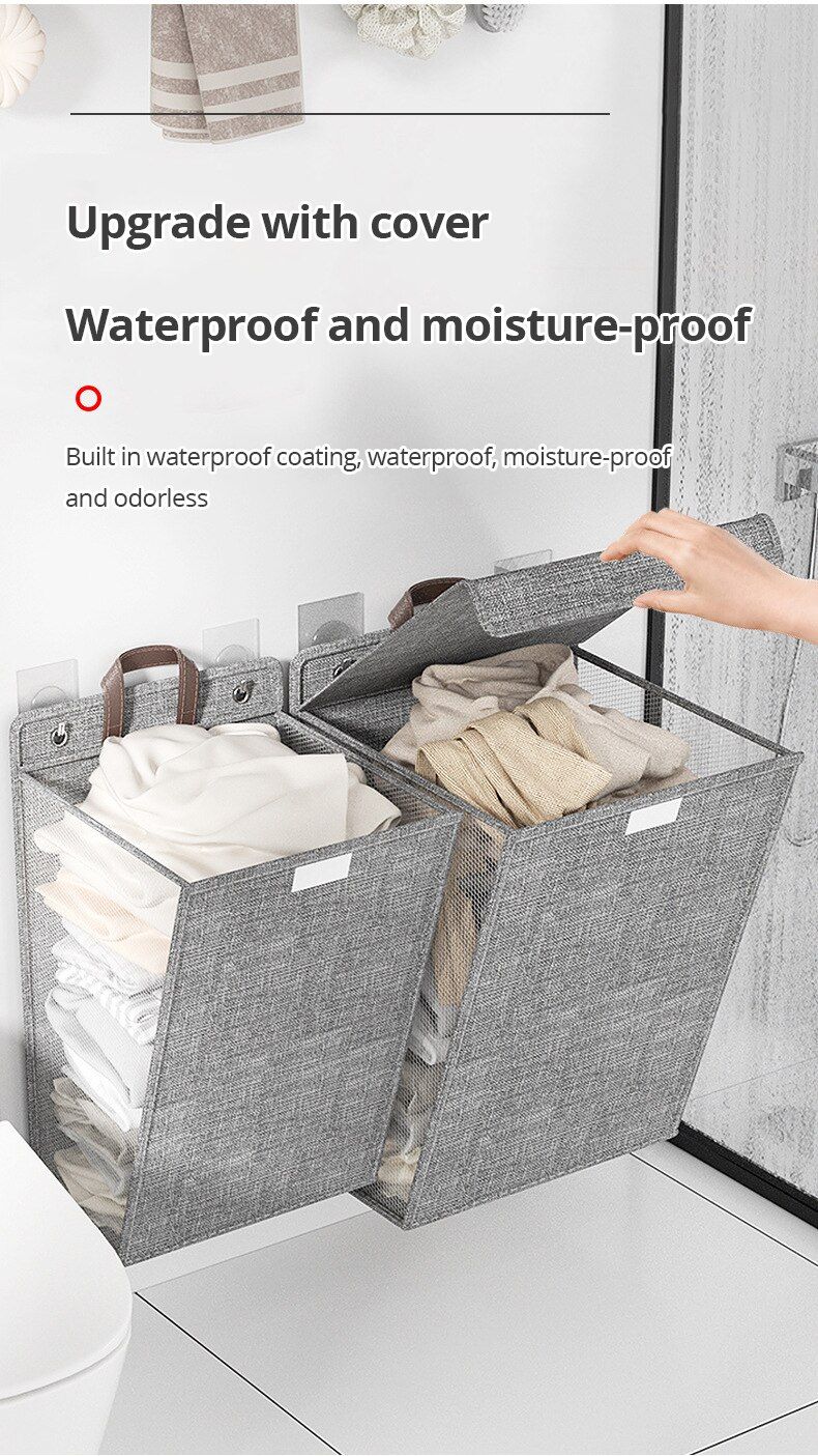 1pc Foldable Adhesive Laundry Basket Hamper, Multifunctional Punch Free Wall Hanging Washing Clothes Mesh Hook Organizer_voghion.com