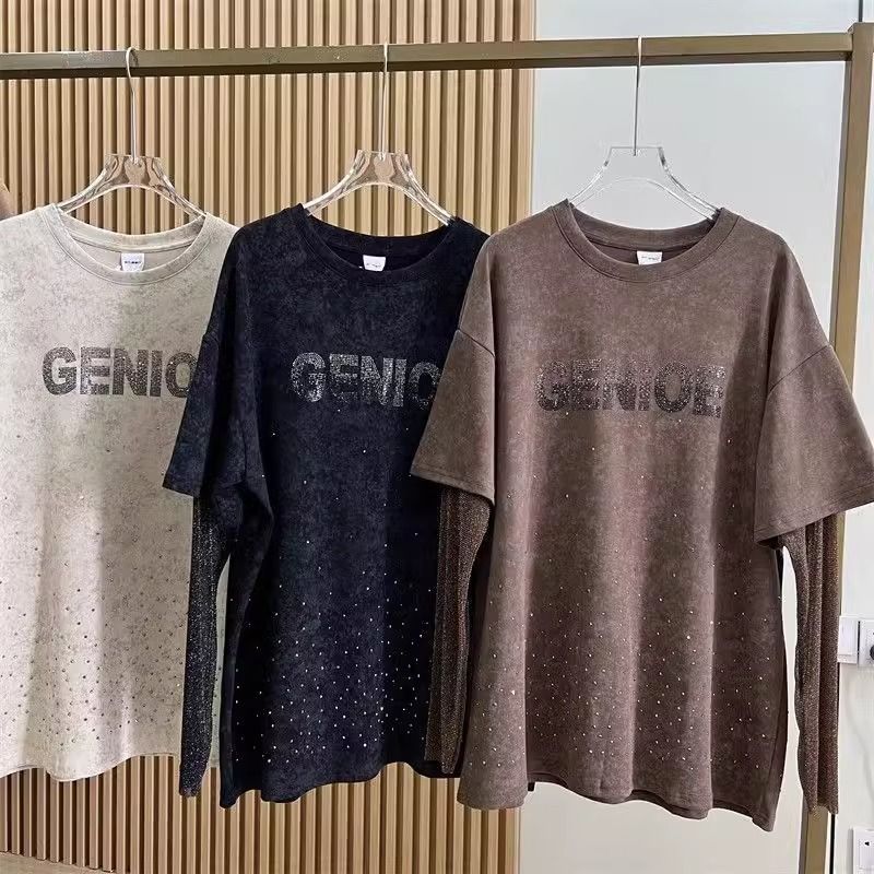 Abbigliamento da donna Taglia extra large 2 300 catties mm di spessore lettera pesante piena di stelle design a diamante caldo due pezzi maglietta a maniche lunghe in seta dorata da donna_voghion.com
