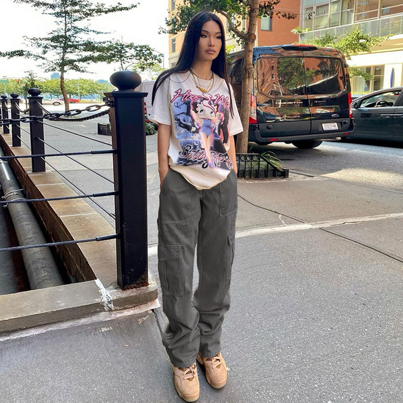 Salopette multitasche alla moda da donna, pantaloni dritti, jeans da donna larghi, slim, a vita alta, color kaki_voghion.com