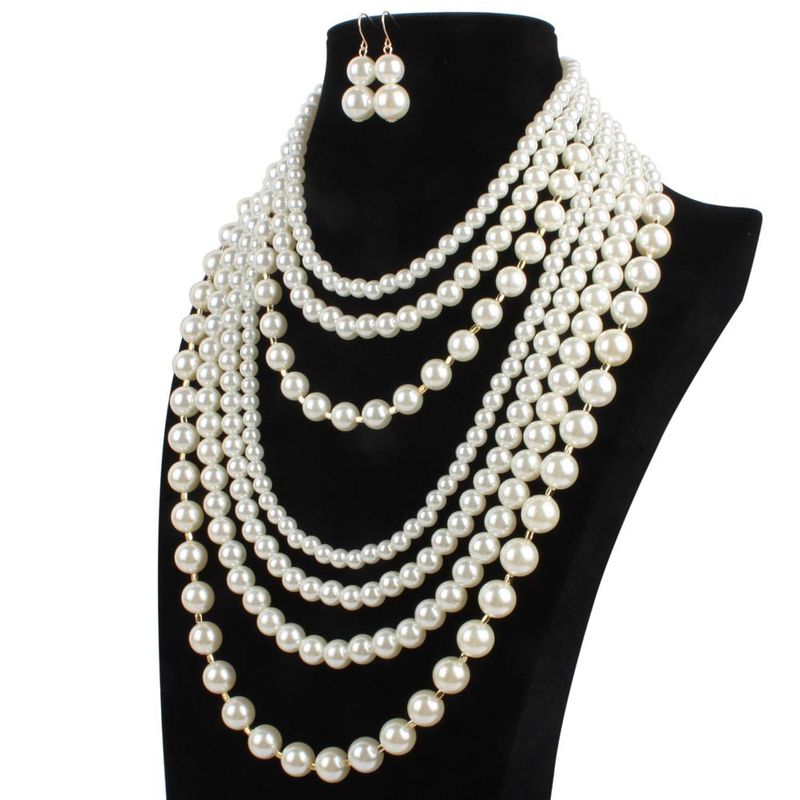 Ready Stock one set 7rows white ACRYLIC pearl round BEAD necklace earrings_voghion.com