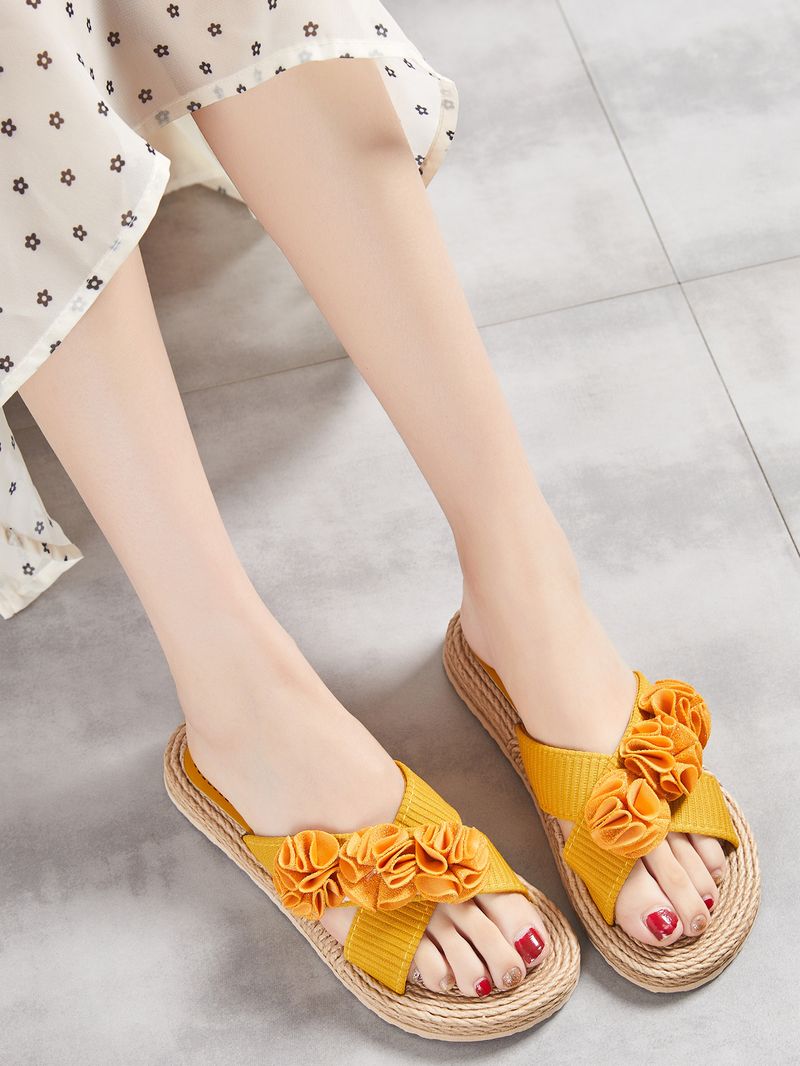 Ženski čevlji Novi poletni enovrstični ženski copati z vrvnim dnom, enobarvni modni trendi v zaprtih prostorih in na prostem, vrsta cvetličnih copat_voghion.com