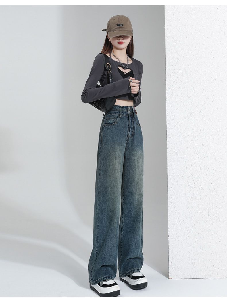 Retro-Jeanshose mit weitem Bein, lockere, gerade Hose 2025, neue hoch taillierte, hüftumwickelte und dünne Hose mit kleinem Wischdesign_voghion.com