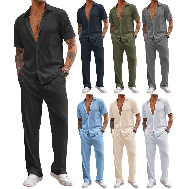 Calças compridas de manga curta de cor sólida masculina nova solta conjunto casual_voghion.com