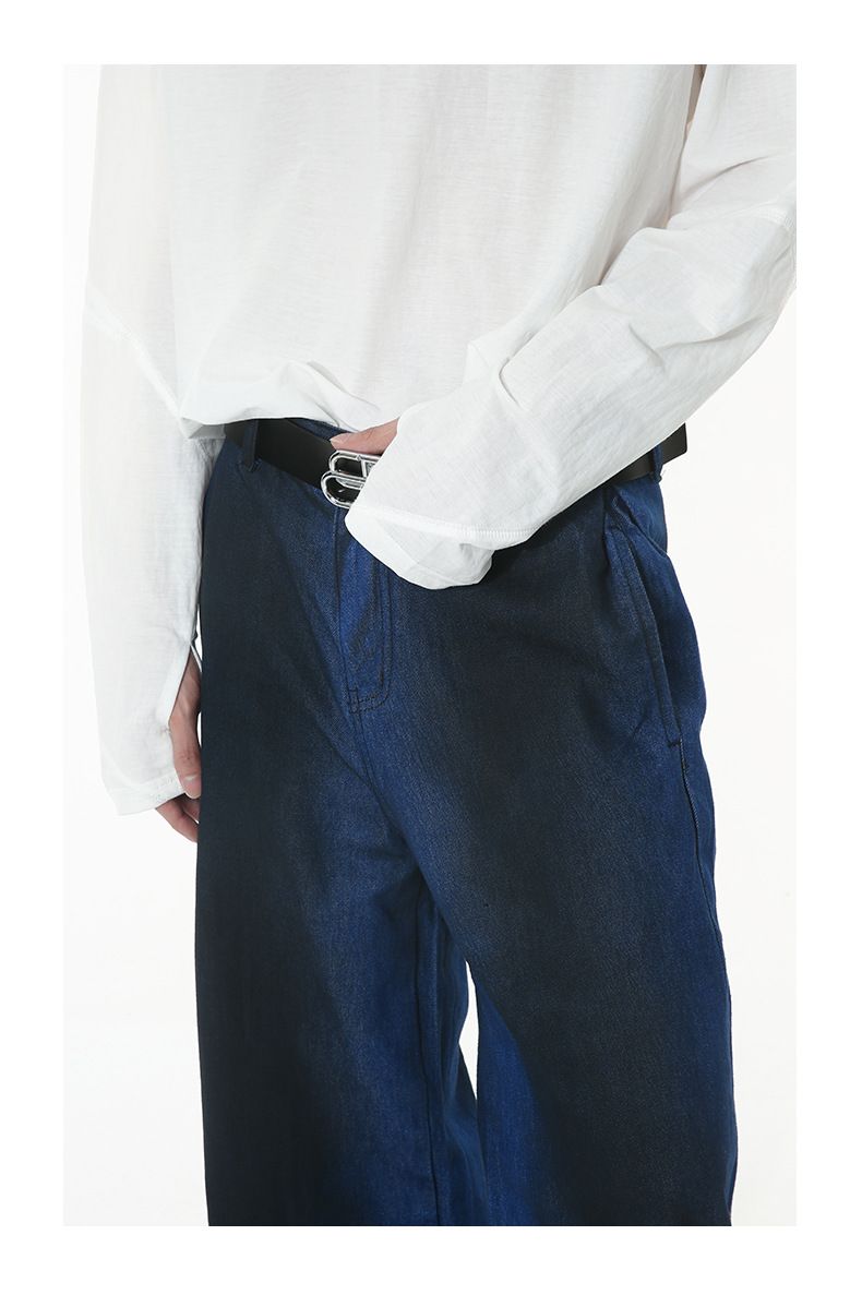 Traje de mezclilla azul con degradado abrupto retro holgado para hombre_voghion.com