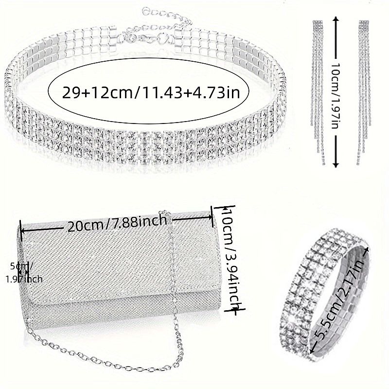 4 stk/sæt damemode skinnende rhinsten choker halskæde kvastøreringe elastisk armbånd fest clutch_voghion.com
