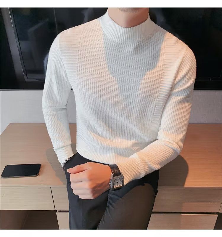 Herrenbekleidung Herren-Basispullover Frühling und Herbst neuer Slim Fit-Pullover mit mittlerem Halsausschnitt im koreanischen Stil mit halbhohem Kragen_voghion.com