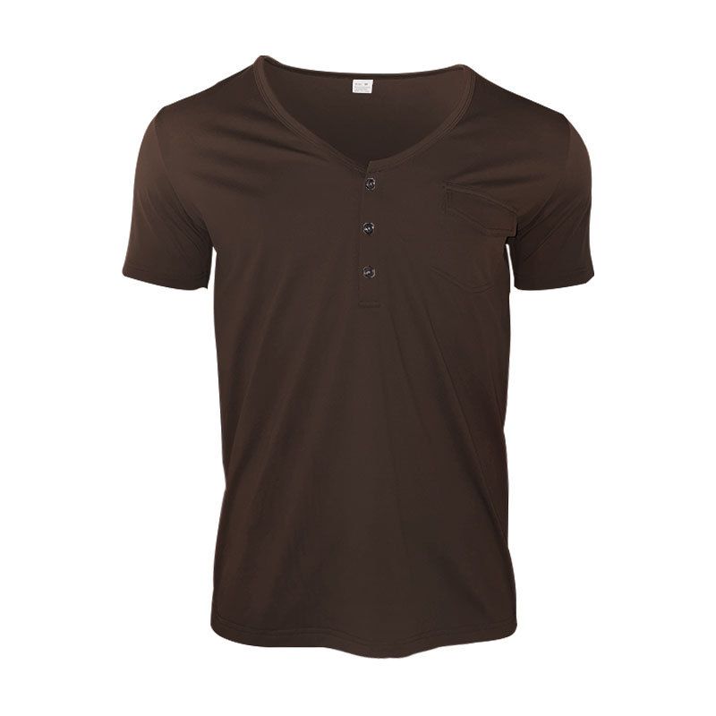 2024 Herren Großes Sommer Casual Button Fit Kurzarm T-Shirt Henry V-Ausschnitt Pocket Top_voghion.com