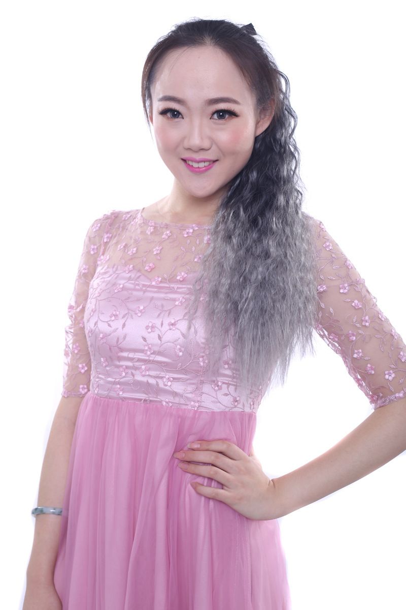 fashion grandma gray wig ponytail color gradient corn perm ponytail long curly hair corn silk tie ponytail_voghion.com