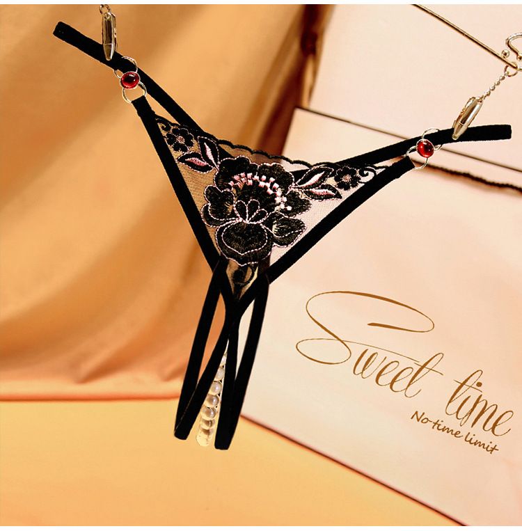 Svart stil förföriska diamantaccessoarer stringtrosa kvinnors genomskinliga broderade pärlor öppen gren gratis sexiga underkläder 2270_voghion.com