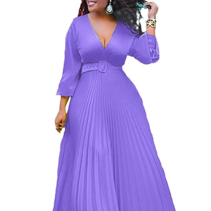 Vêtements pour femmes jaune taille haute slim couleur unie tempérament rétro mousseline de soie à manches longues robe longue_voghion.com