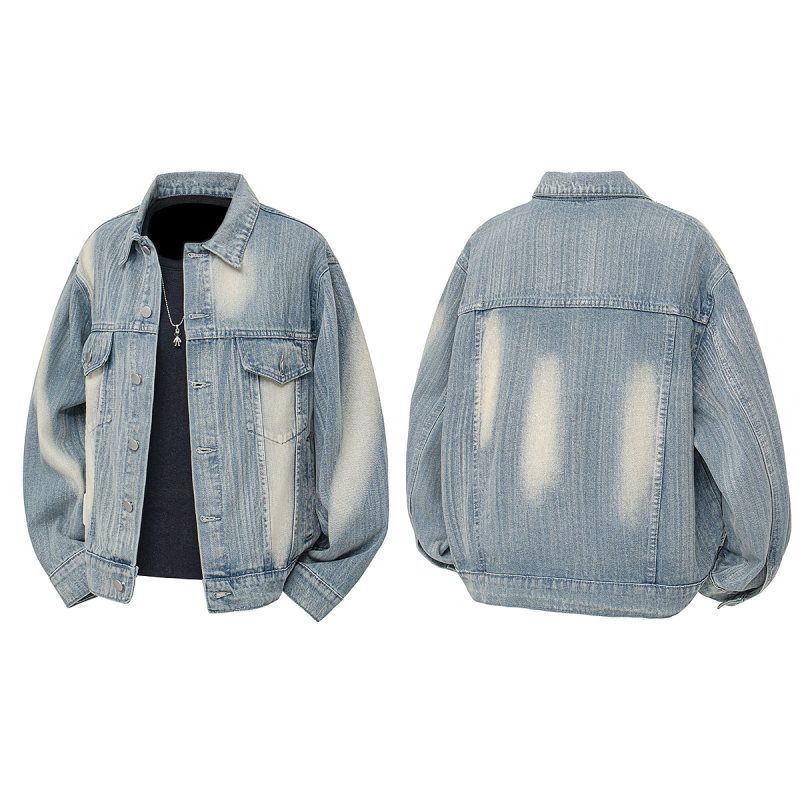 Frühling und Herbst Nischen-Jeansjacke im Washed-Look für Herren, amerikanische High Street, Retro-Arbeitsjacke mit lockerem Textur-Design_voghion.com