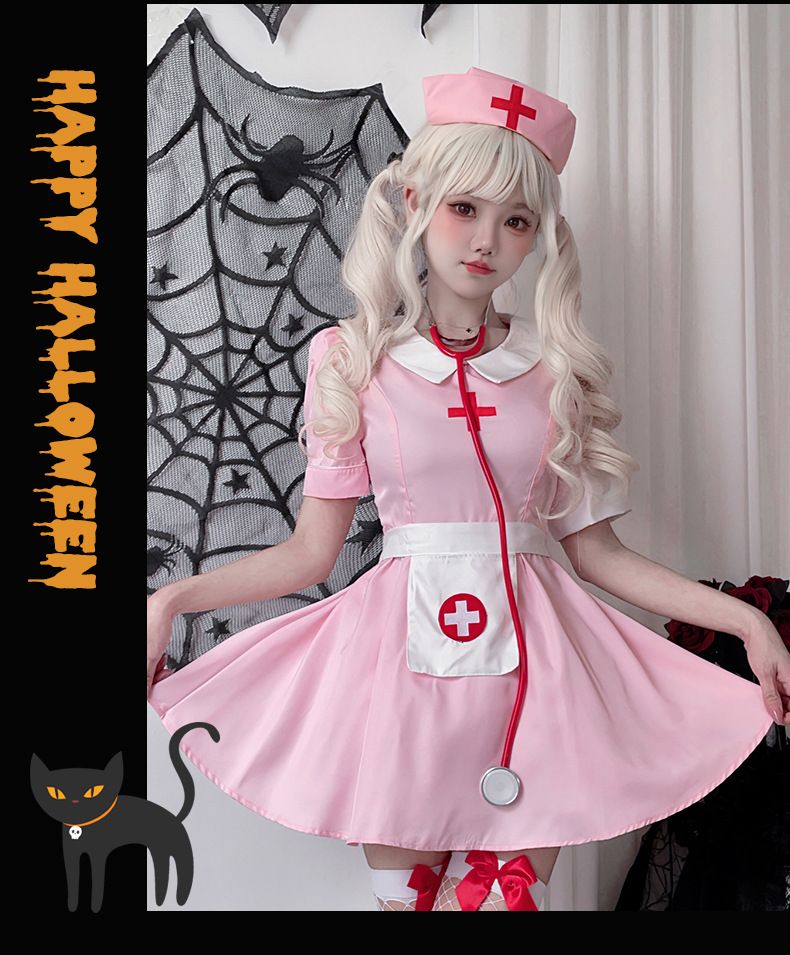 Sexy pinkes Krankenschwesterkostüm für Damen - Japanisches Kawaii-Rollenspielkleid mit Stirnband, Armbändern und Schürze - Halloween-Cosplay-Outfit_voghion.com