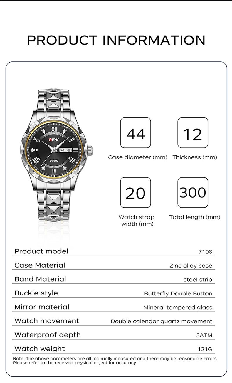 Orologio al quarzo di lusso da uomo con dettagli in diamanti e cinturino in acciaio inossidabile con rivetti - Doppio display di data e settimana, orologio elegante resistente all'acqua_voghion.com