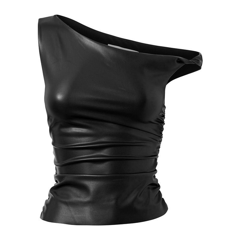 Y24TP647 Women's Autumn/Winter Twisted Strap Off Shoulder Leather Folded Short Open Umbilical Top T-shirt_voghion.com