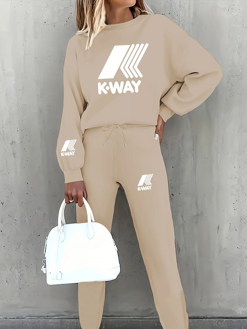 Tuta da donna stampata in due pezzi, con maglia a maniche lunghe e pantaloni con coulisse in vita, abbigliamento sportivo casual per primavera e autunno._voghion.com