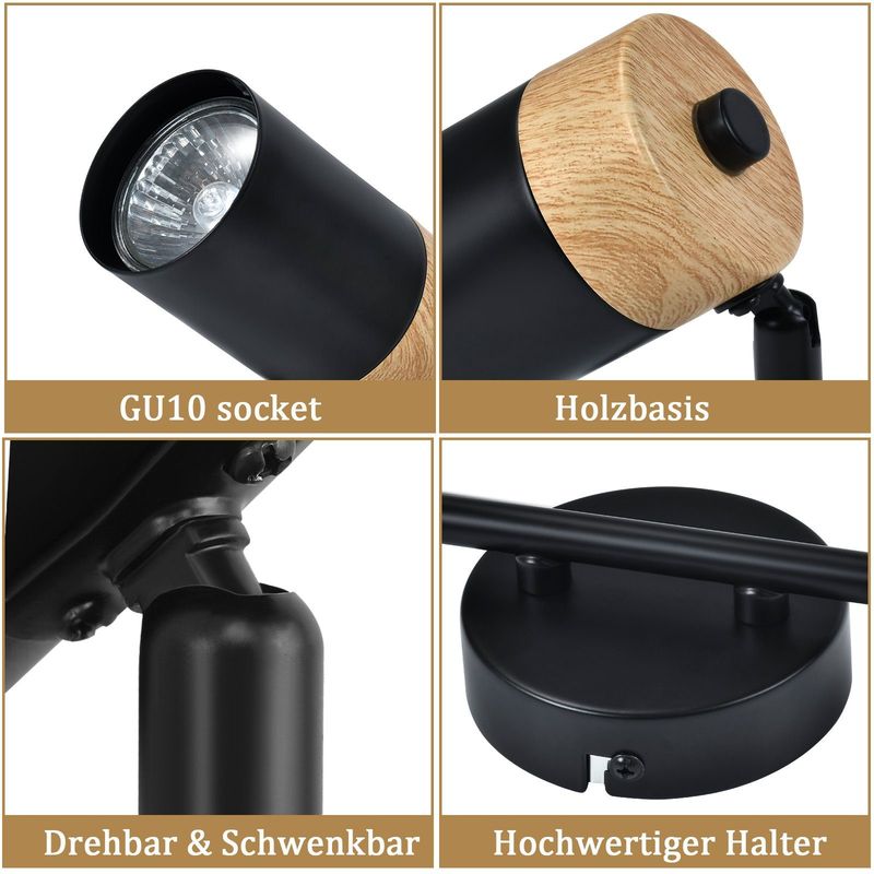 Glitzerlife Deckenstrahler 2 Flammig Holz Deckenlampe - GU10 LED Deckenleuchte Schwarz Schwenkbar 330° Spotlight Für Flur Garage Wohnzimmer Schlafzimmer Küche_voghion.com