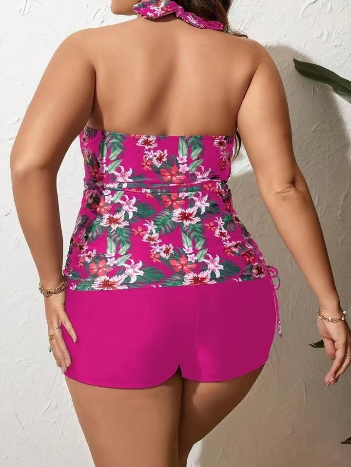 Plus Size Floral Print Tie Back Bikini Set - Sexy High Waisted Swimwear For Women, Adjustable Straps & Push Up Design, Backless Bathing Suit_voghion.com