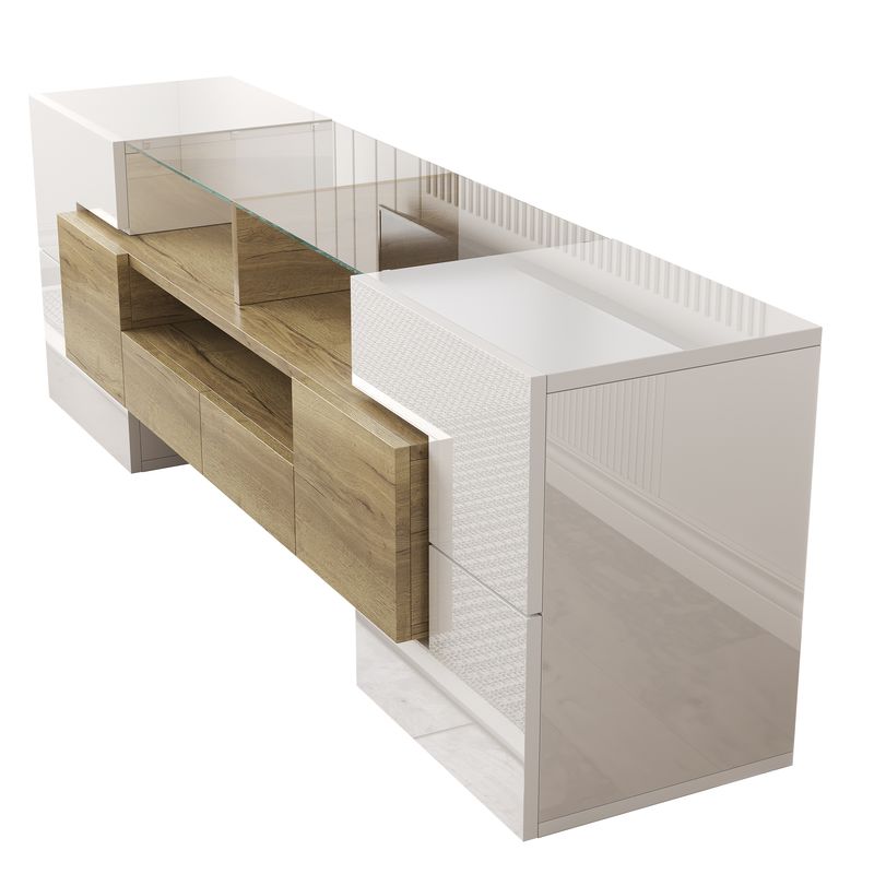 Meuble TV moderne, buffet bas blanc brillant de 145 cm avec éclairage LED, surface en verre élégante, mobilier de salon contemporain_voghion.com
