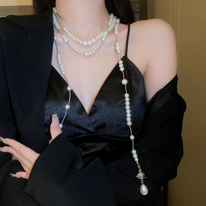 Onregelmatige lange parel Franse lichte elegante trui ketting niche eenvoudige high-end zintuiglijke ketting voor vrouwen_voghion.com