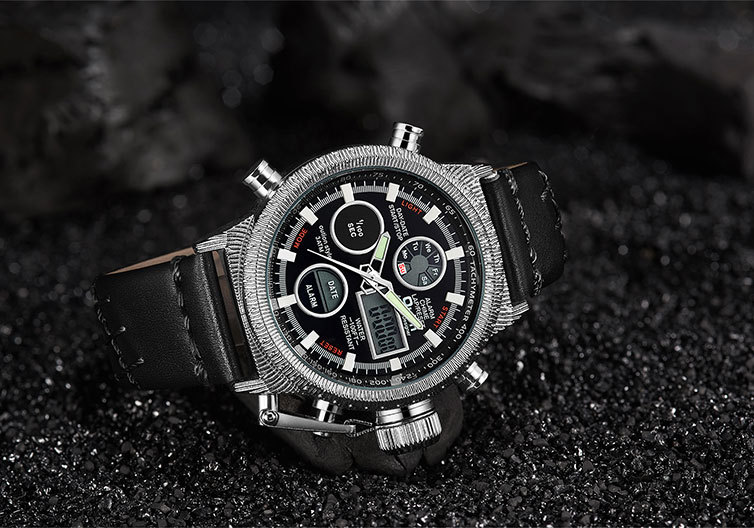 Men's Multifunctional Casual Quartz Watch With Genuine Leather Strap, Backlight, GMT, Alarm, Chronograph, And Date Display_voghion.com
